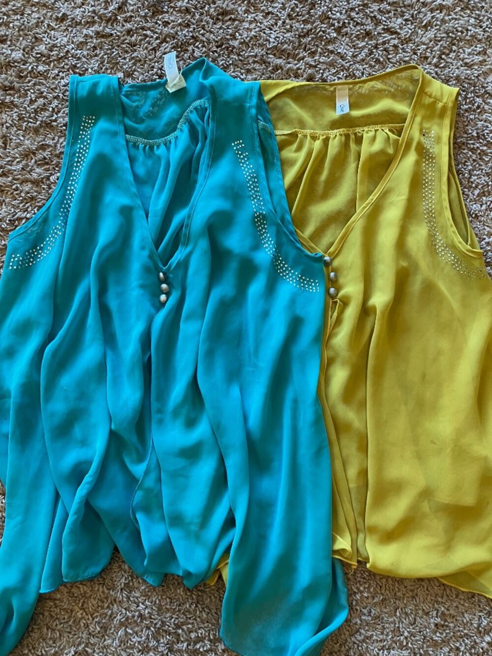 Cheeky Sheer Blouse Bundle 2 Teal Mustard Yellow Rhinestone Flowy Tops Womens L